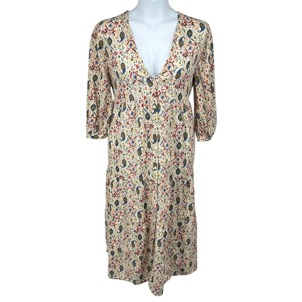 Zara XL Cream Multicolor Boho Block Print Tiered‎ Midi Dress 100 Cotton